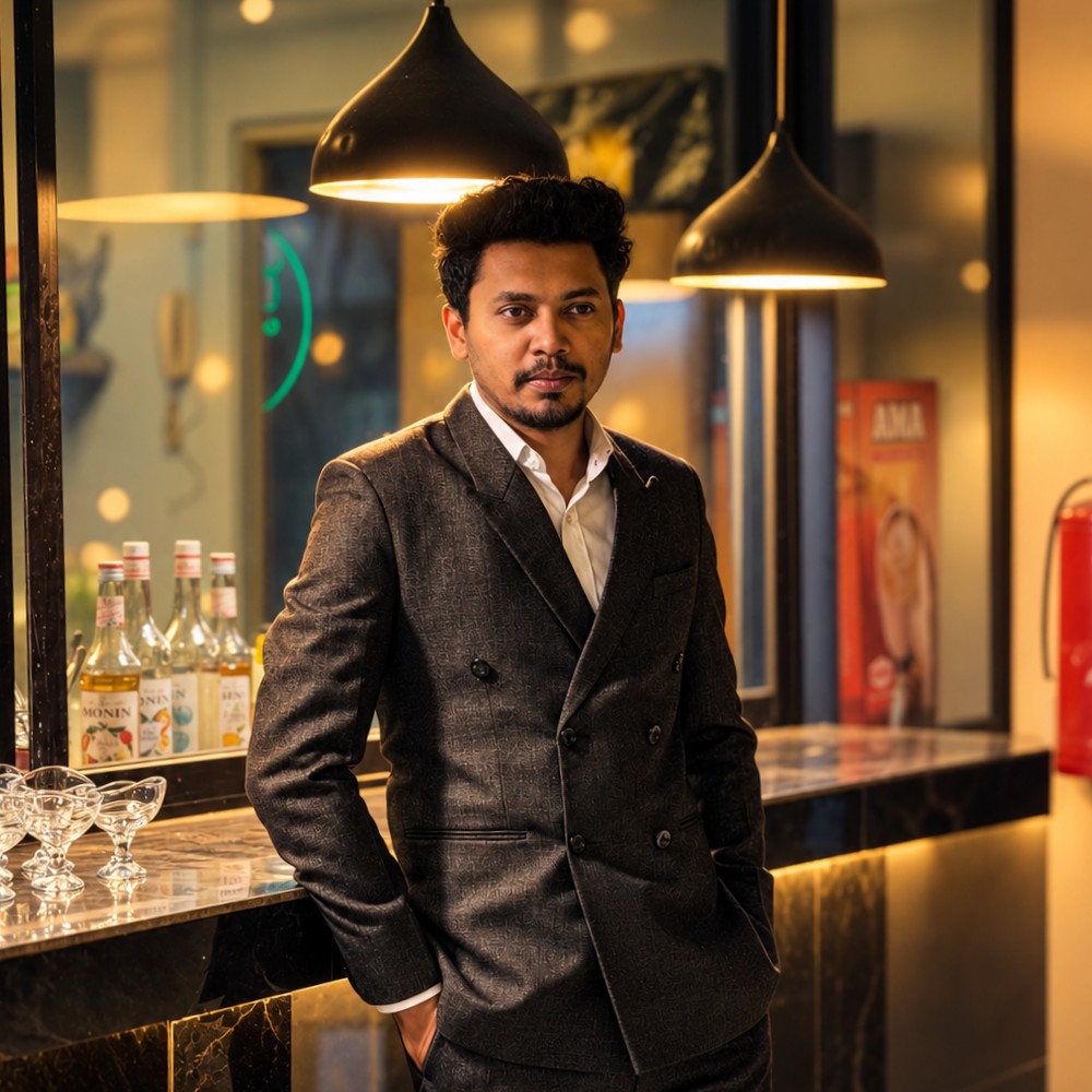 Shahriar Al Mahmud wearing a charcoal suit in a warmly lit interior